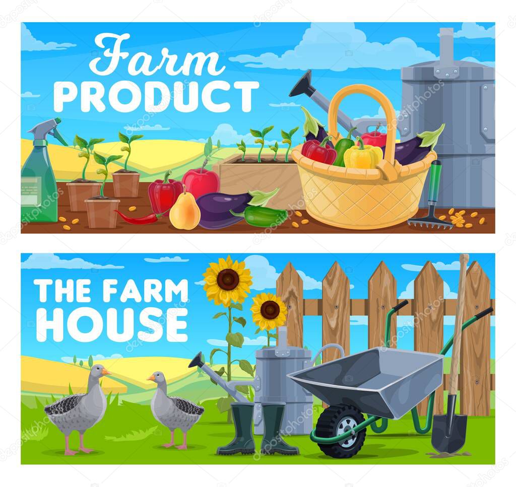 Farm products and natural farming vector banners. Agriculture and food production. Basket with ripe fruits and vegetables, gardening tools, wheat field, geese near fence, seedlings and watering can