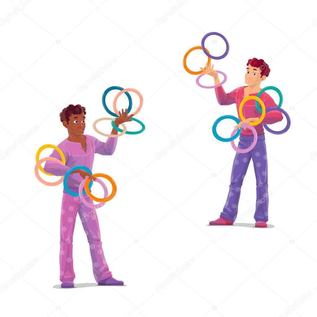 Top tent circus jugglers. Isolated cartoon vector artists characters in stage costumes throwing a rings. Men showing a tricks. Entertainment circus performance or amusement, skillful performers