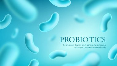 Probiyotik vektör geçmişi, lakto bakteri takviyesi, doğru beslenme ve sindirim sistemi. Prebiyotik gıda paketi tasarımı için mavi zemin üzerinde probiyotik mikro laktobacillus asidophilus hücreleri