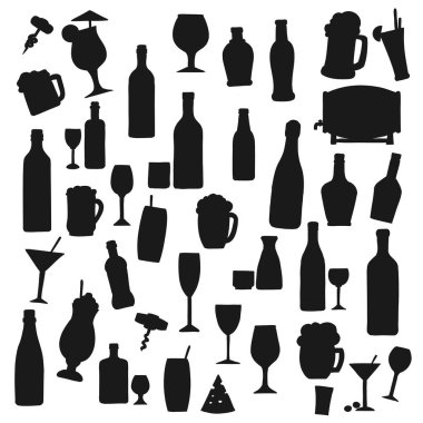 Siyah vektör siluetleri içiyor. Alkol ve meşrubat şişeleri ve kokteyl bardakları, meyve suyu, sake ve pipetli martini. Meyve suyu ve milkshake, bira fıçısı, şampanya ya da şarap seti.