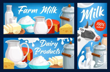Süt ve süt çiftliği ürünleri vektör pankartları. Cam sürahide tam inek sütü, şişe ve kutu, kulübe ve İsviçre peyniri, dilimlenmiş tereyağı veya margarin, ekşi krema veya yoğurt kasede. Yemek posteri