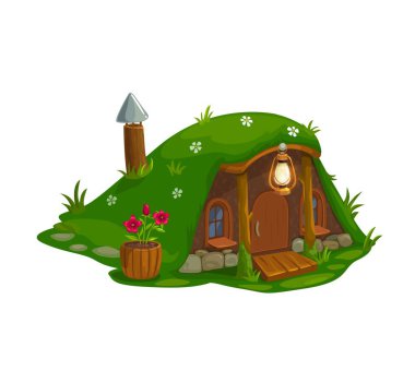 Cüce cücenin evi, elf ev çizgi film ikonu, vektör izole. Peri masalı cüce evi, ahşap kapılı ve bacalı kulübe, girişte lamba ve saksıda çiçekler.