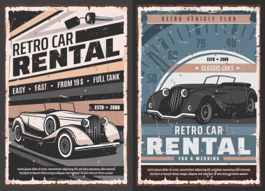 Retro cars rental service vector posters. Vintage convertible limousine, classic coupe and luxury, old roadster cabriolet. Retro vehicles owners or collectors club, luxury car rent for wedding banner clipart