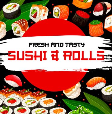 Suşi maki ve nigiri suşiyle birlikte yemek sarıyor. Vektör. Philadelphia ve California dürümleri, nigiri ve gunkan, hokkigai ve oshi somon yumurtası, çiğ ton balığı ve deniz yosunu ürünleri. Suşi bar afişi