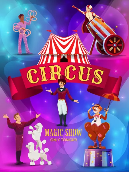 Big Top Circus Mostrar Folleto Plantilla Póster Payaso Tramposo Con — Vector de stock