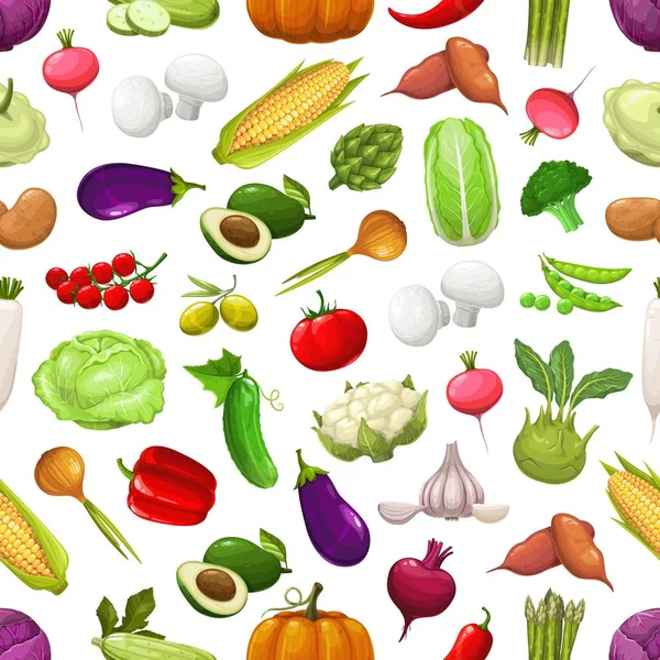 農家の野菜や緑のシームレスなパターン ベクトルアボカド アスパラガス ピーマン キュウリ 玉ねぎ ニンニク キャベツ 白を基調とした新鮮な熟した野菜の収穫 — ストックベクタ