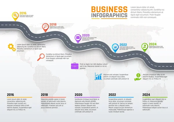 Bedrijfsinfographics Weg Trajectfasen Ontwikkeling Jaar Vector Infographics Rapport Met Grafieken — Stockvector