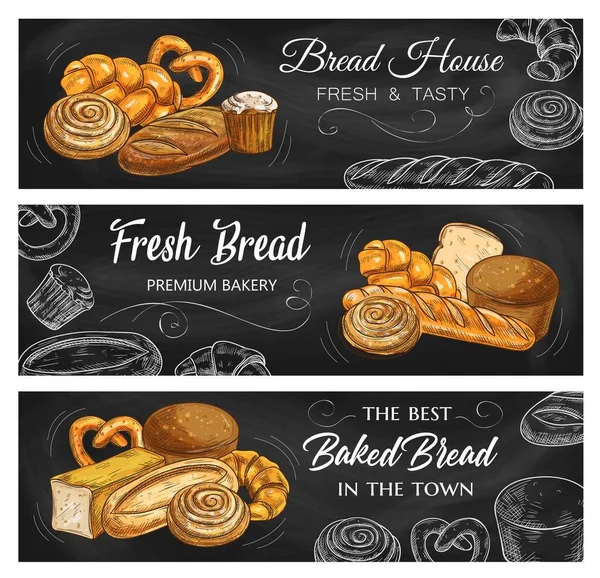 Bread Pastry Chalkboard Sketch Vector Banners Bakery Shop Buns Wheat — Stock Vector