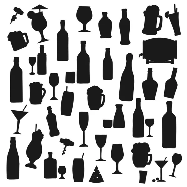 Drinks Black Vector Silhouettes Alcohol Soft Beverages Bottles Cocktail Glasses — Stock Vector