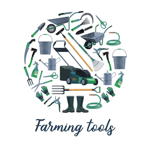 Farming Gardening Tools Vector Set Lawnmover Wheelbarrow Bucket Watering Can — Stock Vector