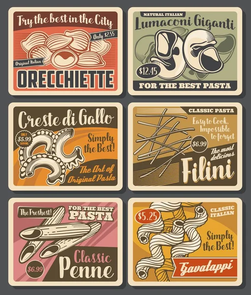 Italiaanse Pasta Retro Posters Vector Macaroni Orecchiette Lumaconi Giganti Creste — Stockvector