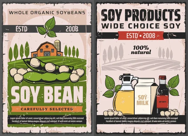 Productos Soja Soja Vector Alimentos Soja Frijoles Vegetales Aceite Botellas — Archivo Imágenes Vectoriales