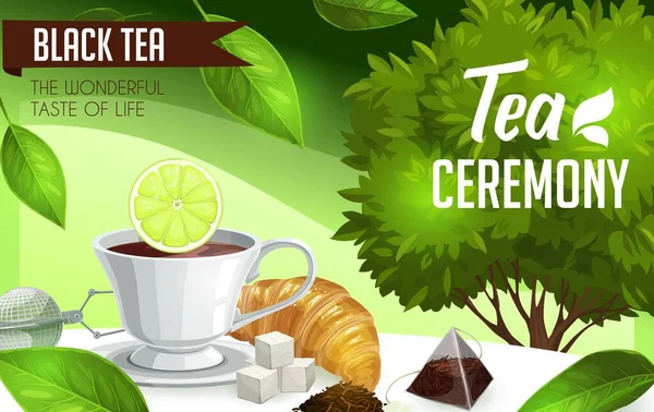Tea Ceremony Vector Bush Brew Sugar Croissant Lemon Strainer Dry — Stock Vector