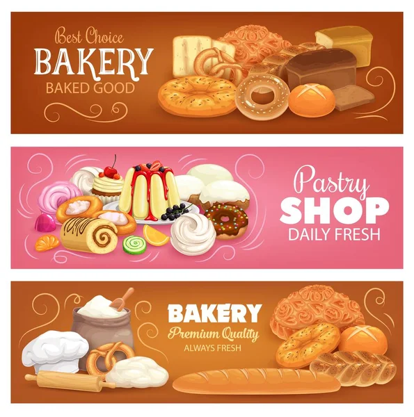 Panadería Panadería Pastelería Panadería Vector Banners Productos Panadería Postres Trigo — Vector de stock