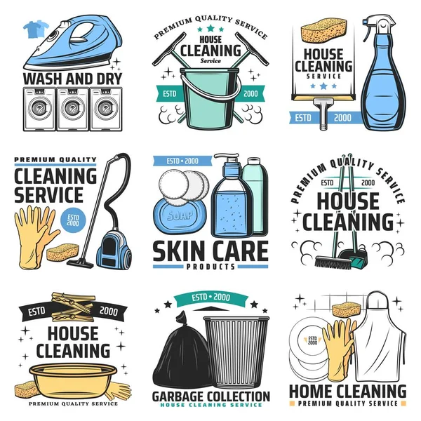 House Cleaning Hygiene Vector Icons Vacuum Cleaner Iron Washing Machine — Stock Vector