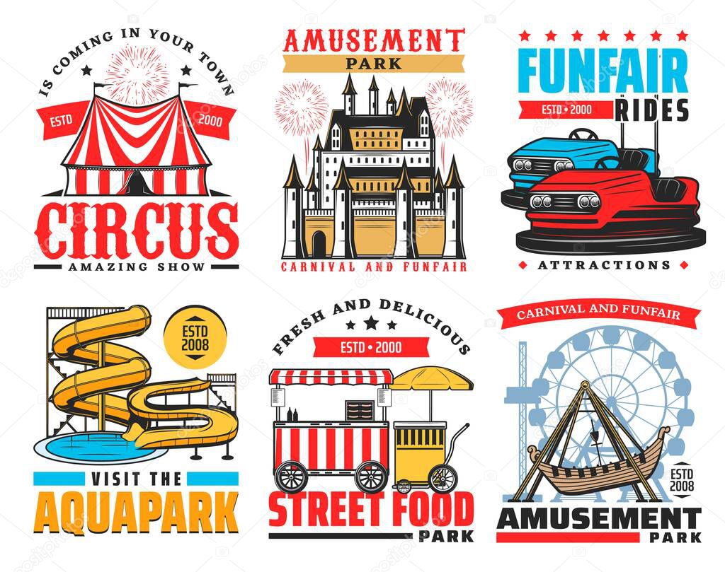 Funfair and amusement park vector icons. Big top circus, karting rides attraction, aquapark water slides and ferris wheel, fireworks and street food vendor cart. Carnival entertainment isolated signs