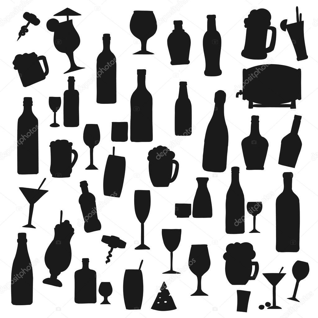 Drinks black vector silhouettes. Alcohol and soft beverages bottles and cocktail glasses, fruit juice, sake and martini with drinking straw. Smoothie and milkshake, beer barrel, champagne or wine set
