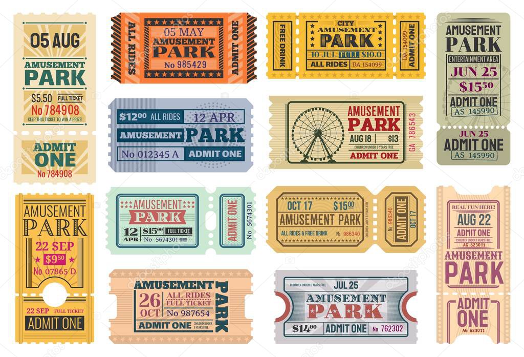 Tickets to amusement park, funfair carnival vector vintage admit coupons. Fun fair amusement park rides tickets to Ferris wheel and roller coaster, kids and family theme park carousel attractions