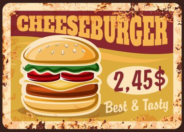 Çizburger paslı tabak, fast food burger menüsü, vektör metal işareti. Fast food burgerler bistro sandviçler ve atıştırmalıklar pas efektli cafe retro poster, hamburger veya çizburger ve dolar fiyatı
