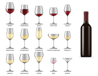 Şarap bardakları, beyaz ve kırmızı şarap bardakları, alkollü bardaklar, izole edilmiş vektör gerçekçi model seti. Bordeaux, Shiraz, Chardonnay, Martini, Prosecco şarabı ve şampanya için şarap kadehleri.
