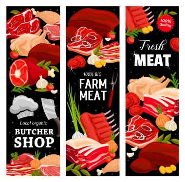 Et, kasap sancakları, sığır eti, domuz ve kuzu eti, biftek, jambon ve sosis, vektör menü. Kasaplık pazarı et barbekü pirzolası, tavuk ve hindi, domuz eti fileto, biftek ve kıyma.
