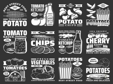 Patates yiyeceği tek renkli ikonlar, domates ürünleri ve atıştırmalıklar, vektör çiftlik sebzeleri. Patates cipsi, ketçap domates ve atıştırmalıklar, fast food kızartmaları ve patates püresi tarifi paketi, organik sebzeler.