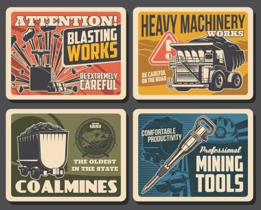 Kömür ve maden madenciliği posterleri, maden fabrikası ve madenci ekipmanları, vektör. Ot ve kömür yatağı kazıcıları ve yükleyici kamyon makineleri, madenci ekipmanları el arabası, kaya matkabı ve kazma.