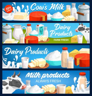 Süt ürünleri sancaklar, çiftlik peyniri, tereyağı ve yoğurt yiyecekler, vektör. Süt ürünleri, sürahi, tereyağı, süzme peynir, ekşi krema ve yoğurt.
