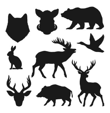 Animals silhouettes, hunting vector icons of wild bear, deer and elk. Hunt trophy animals boar hog, moose and rabbit o hare, forest wolf or fox head silhouette, hinting fowl duck bird and stag antlers clipart