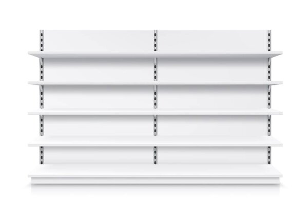 Trade shelf, shop rack, isolated realistic store display and product showcase stand, vector mockup. Supermarket display stand or warehouse shelving racks with detachable shelves, 3D white metal model