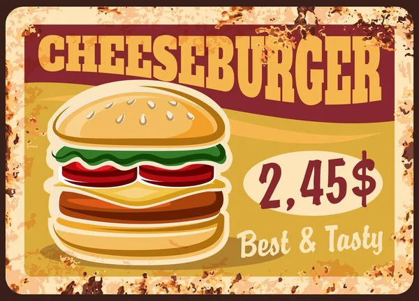 Cheeseburger Zardzewiały Talerz Fast Food Hamburgery Menu Wektor Metalowy Znak — Wektor stockowy