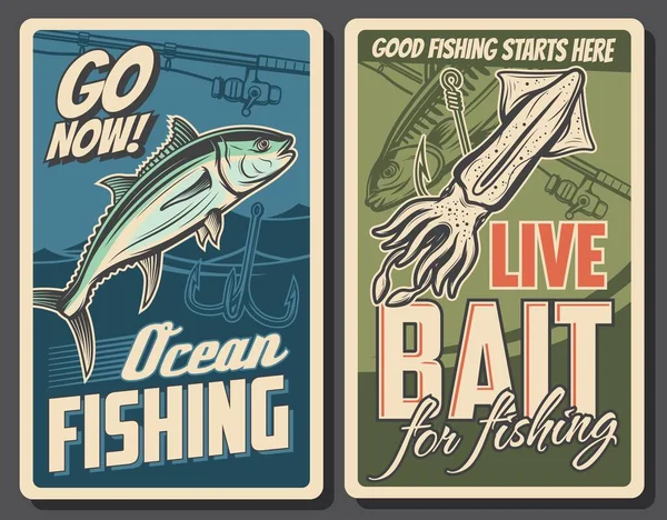 Рыболовные Ретро Плакаты Тунцовая Рыба Улов Кальмаров Векторные Удочки Крючки — стоковый вектор