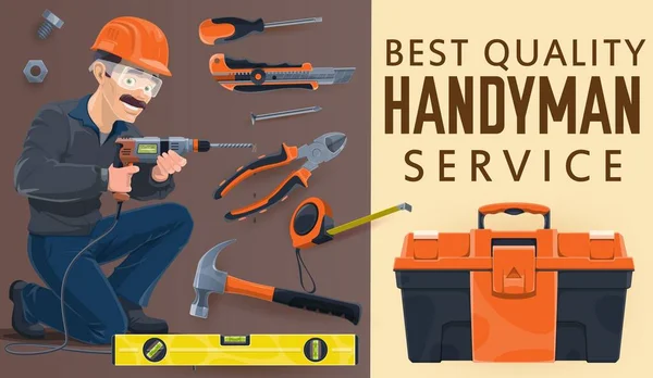 Handyman Sau Reparator Lucrător Service Reparații Domiciliu Cutie Instrumente Lucrări — Vector de stoc