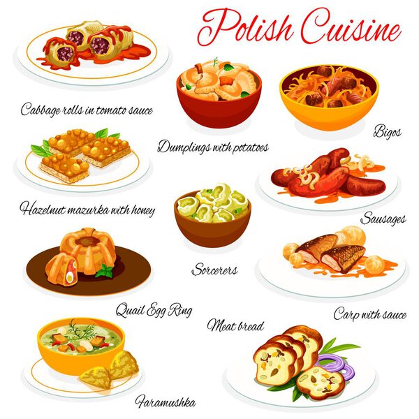 Меню блюд польской кухни, традиционные блюда польской кухни из мяса и рыбы. Картофельные пельмени, капустные рулетики в томатном соусе, рыба-карп и биго, колбасы и печенье из фундука
