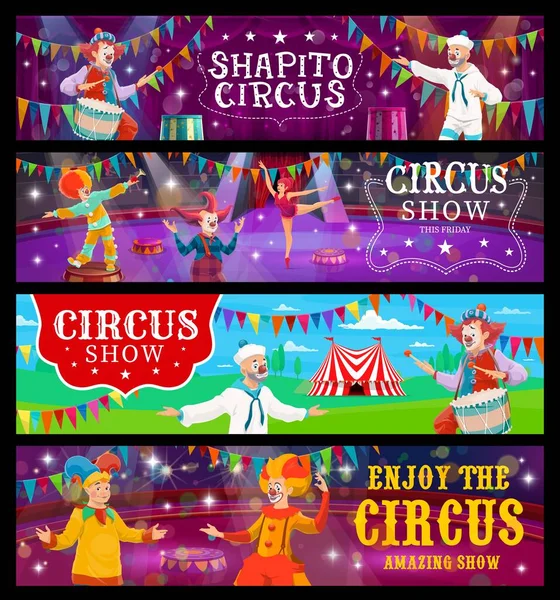 Grote Top Tent Circusspandoeken Kermis Carnaval Show Clowns Acrobaten Vector — Stockvector