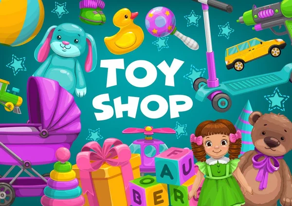 Kinderspielzeugladen Babyladen Kinderspiele Vektorauto Eisenbahn Teddybär Und Puppe Spielzeugladen Junge — Stockvektor