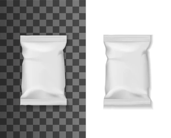 食品包装造型 袋装或袋装白色塑料箔 空白矢量三维模板 实用的空白白光滑邮袋 袋装小吃或干食品包装袋袋 — 图库矢量图片