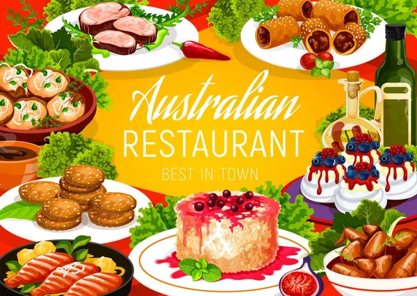 Cozinha Australiana Pratos Comida Menu Restaurante Comida Tradicional Refeições Vetoriais — Vetor de Stock