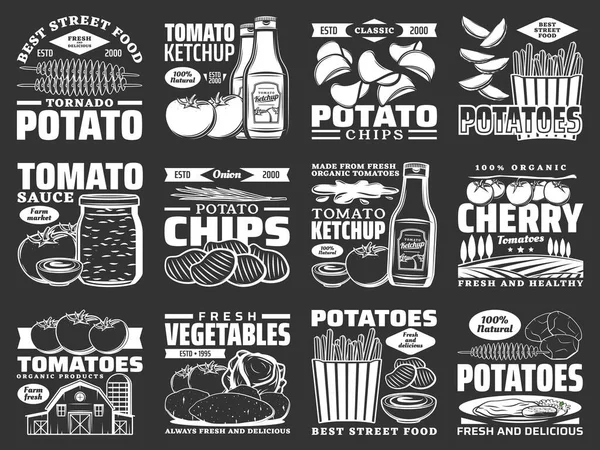 马铃薯食品单色图标 西红柿产品和零食 病媒农场蔬菜 马铃薯片 番茄酱和楔形小吃 快餐薯条和土豆泥配方包 有机蔬菜 — 图库矢量图片
