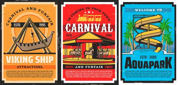 Pretpark Carrousels Vikingschip Glijbanen Aquapark Vector Retro Posters Kermis Carnaval — Stockvector