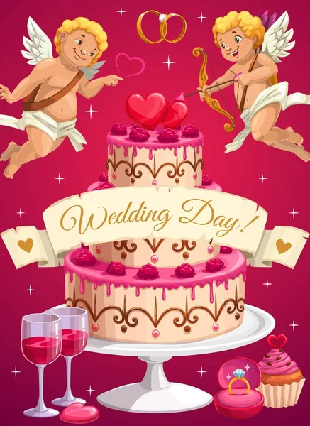 Düğün Pastası Cupids Aşk Kalpleri Vektör Gelin Damat Evlilik Partisi — Stok Vektör