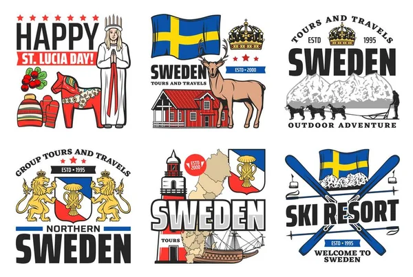 瑞典的图标 假日和瑞典文化 斯德哥尔摩地标和马匹标志 欢迎来到瑞典国旗 滑雪胜地和圣诞圣卢西亚日庆祝活动 城市观光游览 — 图库矢量图片