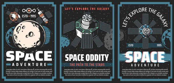 Universum Galaxie Weltraum Plakate Planeten Und Astronauten Raumschiff Rakete Vektor — Stockvektor