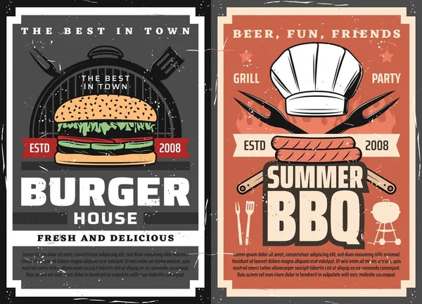 Vleesburgers Bbq Posters Grill Food Party Vector Barbecue Steaks Worsten — Stockvector