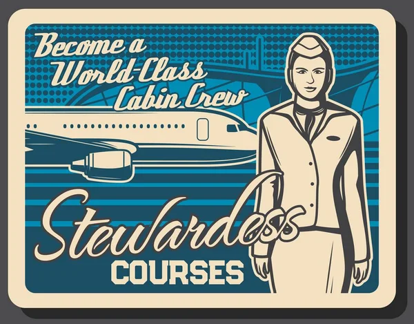 Opleidingscursussen Voor Stewardess Stewardess Gastvrouw Lucht Opleiding Vliegtuigcabinepersoneel Retro Poster — Stockvector