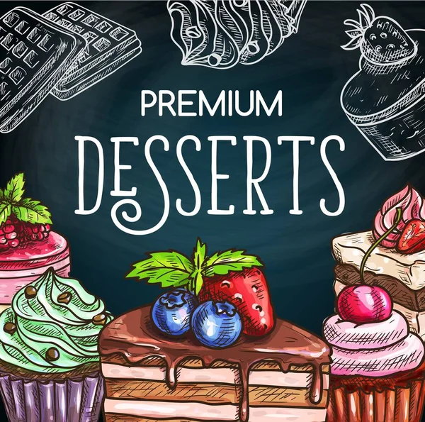 Kue Dan Kue Keju Sketsa Chalkboard Permen Dan Kue Kering - Stok Vektor