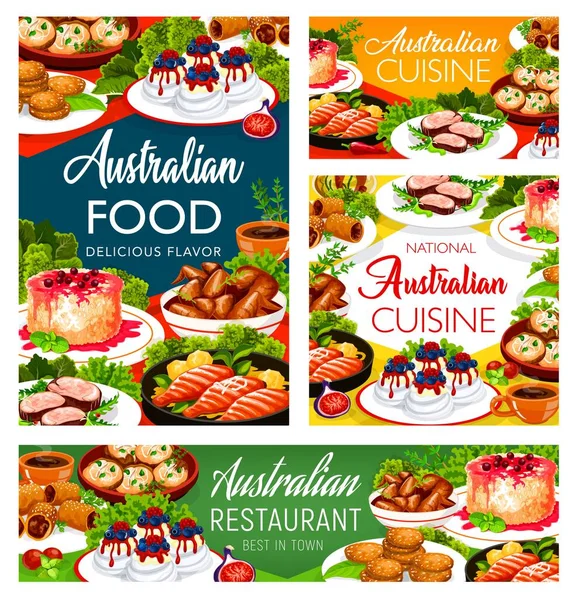 Cuisine Australienne Plats Alimentaires Menu Repas Australie Poulet Poisson Nourriture — Image vectorielle