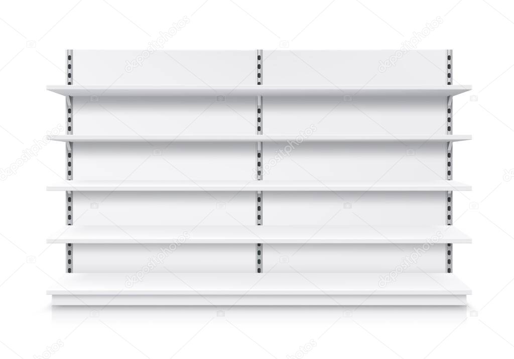 Trade shelf, shop rack, isolated realistic store display and product showcase stand, vector mockup. Supermarket display stand or warehouse shelving racks with detachable shelves, 3D white metal model