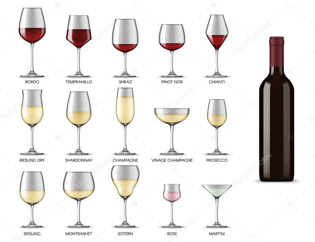 Tipos Copas Vino Copas Bebidas Alcohólicas Vino Blanco Tinto Vector Vector  de Stock de ©Seamartini 391470518