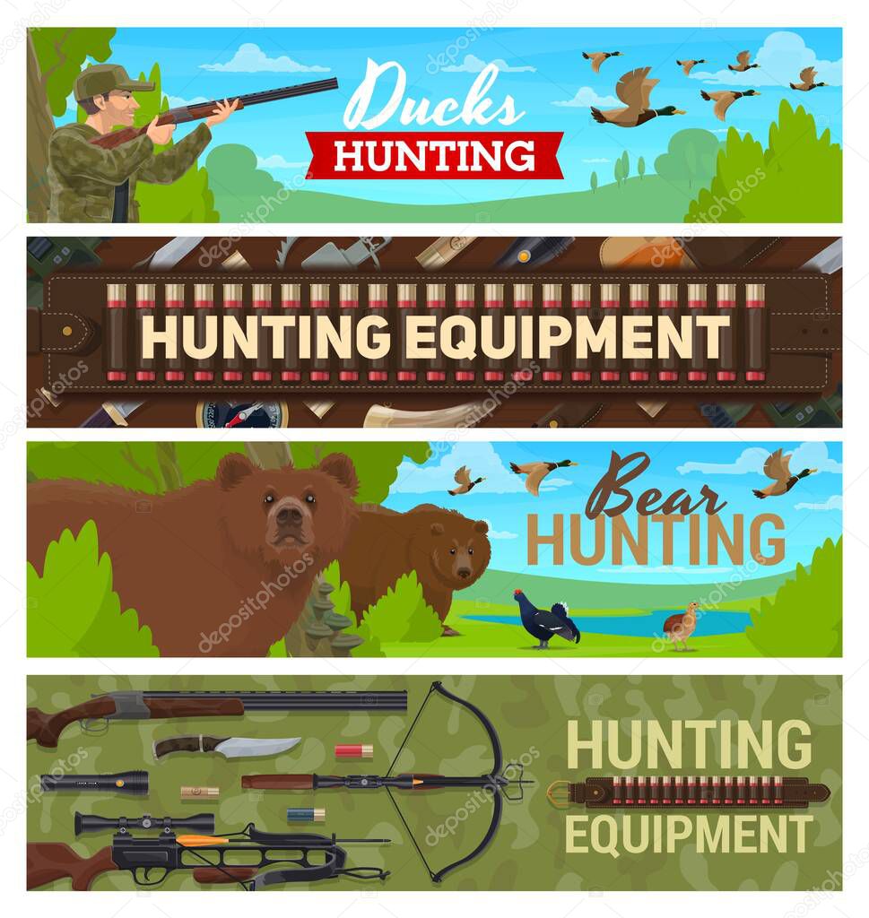 Hunting sport items and equipment, hunter with rifle ammunition on hunt for forest birds and animals. Hunting for ducks and wild bear, binoculars, bandoleer bullet cartridge belt and crossbow